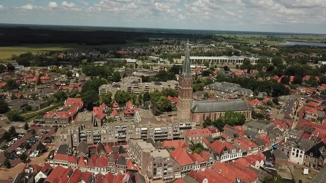 Aerial view of Steenwijk, the Netherlands, flying towards the church