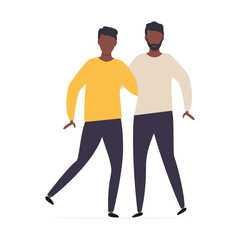 Fototapeta na wymiar Homosexual LGBT gays. Two young multicultural boys holding hands together in love. Homosexual relationship vector illustration isolated on white. African, american and european people with black skin.