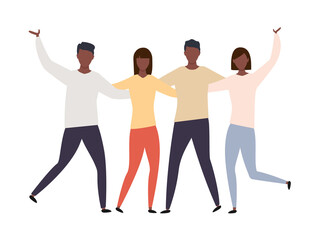 Group of happy young men and women character embracing each other. Emotional set of american friends. Young african team workers celebrating victory vector illustration isolated on white