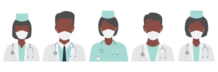 Doctors characters wear in white medical face mask. Set of american, african and european doctors with black skin. Group of multicultural medical team workers. Coronavirus vector illustration isolated