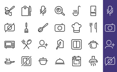 Set of cooking and kitchen icons, Vector lines, contains icons such as frying pan, frying, microwave, fork with spoon, Editable stroke, perfect 480x480 pixels, white background.