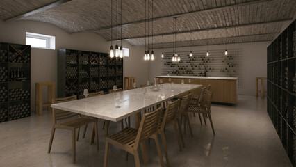 Interior of a modern wine bar room in basement showcase. In industrial style with big luxury table and wooden chairs 3D render