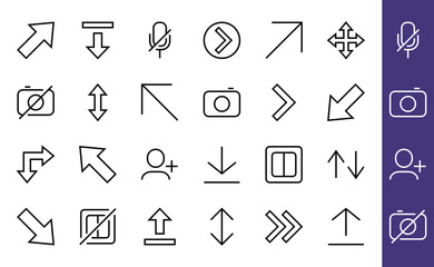 Set of line arrows, directions, arrows, contains icons such as pause, continuation, directly, to the right, Editable stroke. 480x480, On a white background, Vector illustration