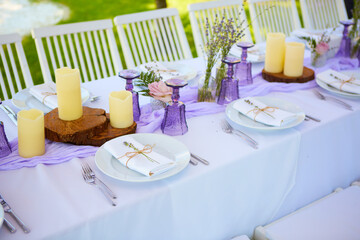 Table set for wedding or another catered event dinner.