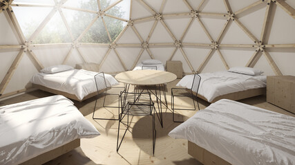 Geodesic dome tent as hotel. Fabric and wood framed yurt structures for, luxurious, upscale glamping
