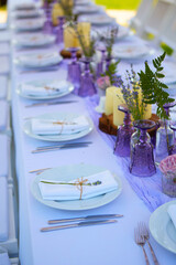 Table set for wedding or another catered event dinner.
