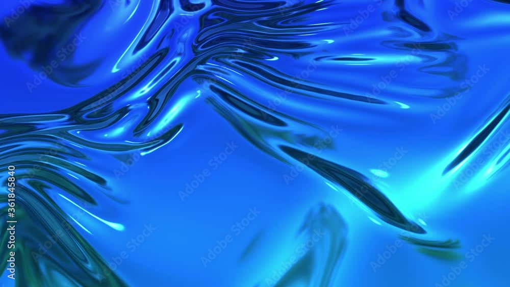 Poster abstract background of blue liquid metalic surface with smooth animation. 3d render of wavy cloth su