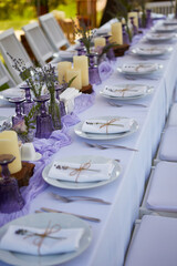 Table set for wedding or another catered event dinner.