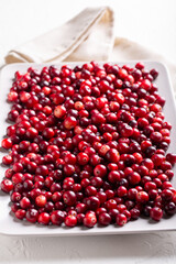 Ripe red cranberry berries on rectangular plate on white background.