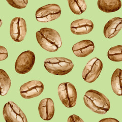 Delicious coffee beans seamless pattern. Hand painted watercolor wallpaper. Coffee time!