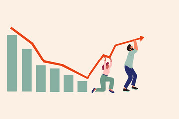 Illustration of global economic impacts, recession, economy graph chart down. Bankrupt concept. People trying to keep downward financial trend arrow risk crisis, money lost business vector.