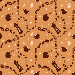 Seamless pattern of coffee beans, cups, coffee grinder, coffee maker.
