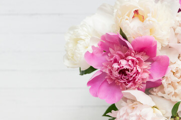 Beautiful Fluffy pink peonies flowers background. Copyspace