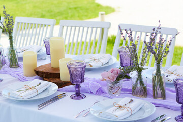 Table set for wedding or another catered event dinner.