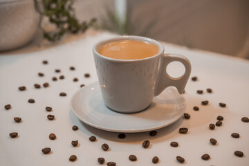 coffee latte art in a clean coffee shop with  White cup