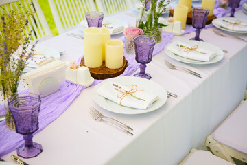 Table set for wedding or another catered event dinner.