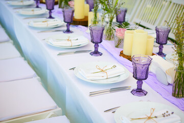 Table set for wedding or another catered event dinner.
