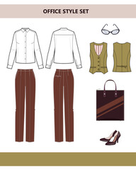 Fashionable clothes for the office. Woman's suit for office. Pants and blouse.