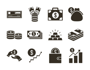 bundle of money currency set icons