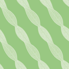Twisted skeleton leaves vector seamless pattern. Diagonal greenery illustration background.