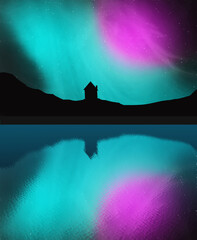 Naklejka na ściany i meble Brilliant colorful aurora borealis during the evening at a far away place