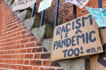 Woodbridge, Suffolk, UK June 20 2020: Homemade BLM protest signs that have been fixed to the town...