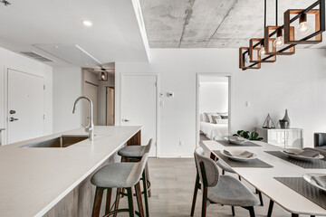 Brand new luxury Canadian style furnished and staged apartment in condominium with kitchen, bathroom, bedroom, lobby, hall, reception room and gym