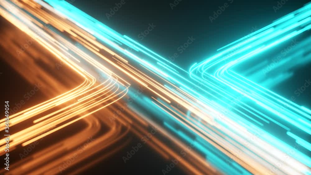 Poster blue and orange neon stream. high tech abstract curve background. striped creative texture. informat