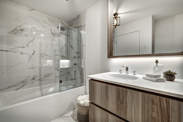 Brand new luxury Canadian style furnished and staged apartment in condominium with kitchen, bathroom, bedroom, lobby, hall, reception room and gym