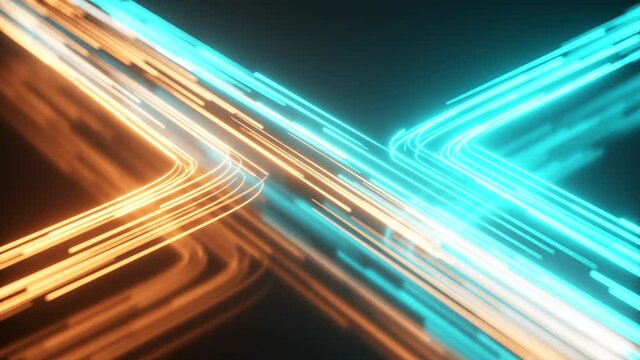 Blue and orange neon stream. High tech abstract curve background. Striped creative texture. Information transfer in a cyberspace. Rays of light in motion. Seamless loop 3d render.