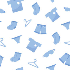 Obraz premium Seamless pattern for print on fabric. Set home sweet clothes. In one color. Clothing icon for sleep, sports and home. T-shirt, sleep mask, clothespin, hanger, socks, underpants, shorts. Blue. Eps 10