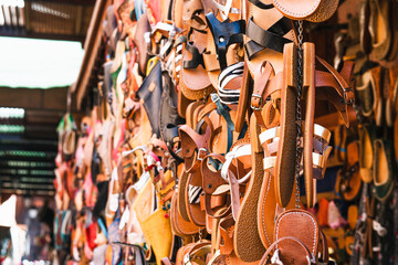 HAandmade leathers shoes at Marrakech medina Market with a beautiful bokeh