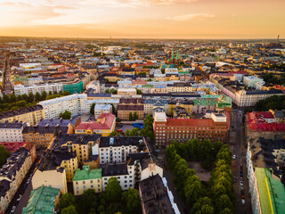 Obraz premium Aerial sunset view of beautiful city Helsinki . Colorful sky and colorful buildings. Helsinki, Finland.