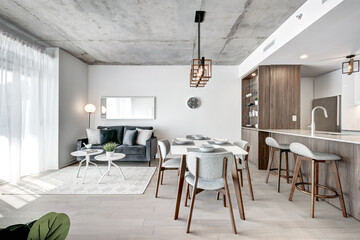 Brand new luxury Canadian style furnished and staged apartment in condominium with kitchen, bathroom, bedroom, lobby, hall, reception room and gym