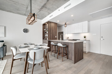 Brand new luxury Canadian style furnished and staged apartment in condominium with kitchen, bathroom, bedroom, lobby, hall, reception room and gym