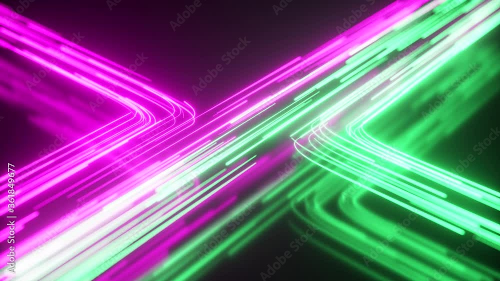 Poster green and purple neon stream. high tech abstract curve background. striped creative texture. informa