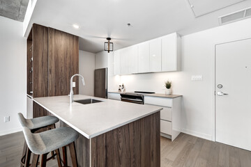 Brand new luxury Canadian style furnished and staged apartment in condominium with kitchen, bathroom, bedroom, lobby, hall, reception room and gym
