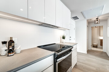 Brand new luxury Canadian style furnished and staged apartment in condominium with kitchen, bathroom, bedroom, lobby, hall, reception room and gym