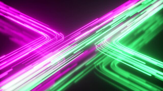 Green and purple neon stream. High tech abstract curve background. Striped creative texture. Information transfer in a cyberspace. Rays of light in motion. Seamless loop 3d render.