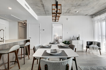 Brand new luxury Canadian style furnished and staged apartment in condominium with kitchen, bathroom, bedroom, lobby, hall, reception room and gym