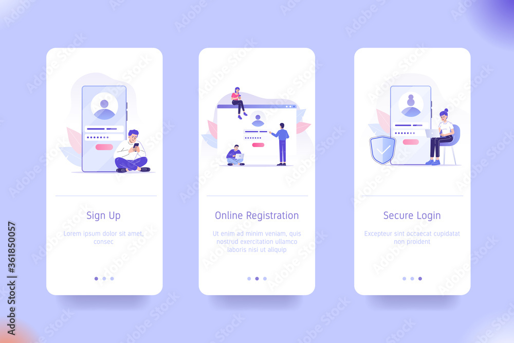 Poster application design set for sign up, online registration and secure login. ui on boarding screens des
