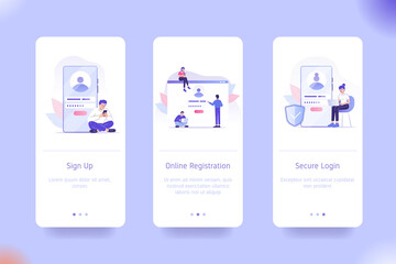 Fototapeta premium Application design set for Sign Up, Online Registration and Secure Login. UI on boarding screens design. Mobile app template. Modern vector illustrations for user interface