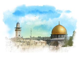 Naklejka premium Malowniczy widok na stare miasto Jerozolimy z kopułą na skale. Szkic akwarela.