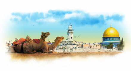 Obraz premium Panorama of the Old city of Jerusalem with the dome of the rock. Watercolor sketch.