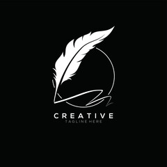 feather pen logo white with circle line vector design template