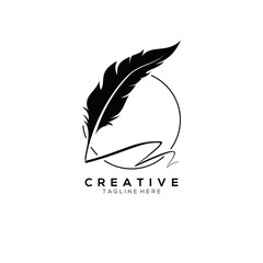 feather pen logo silhouette with circle line vector design template