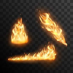 Set of realistic burning fire flames vector effect for design. Trail of fire vector effect. © temstock