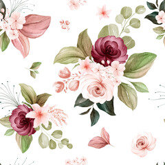 Floral seamless pattern of brown and burgundy watercolor roses and wild flowers arrangements on white background for fashion, print, textile, fabric, and card background