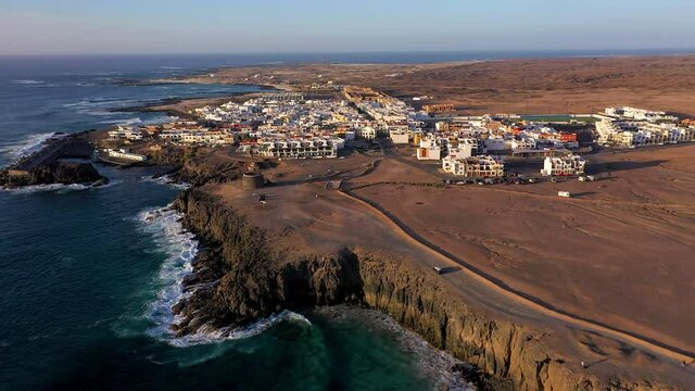 Spain, Canary Islands, Fuerteventura, aerial view of El Cotillo, Playa del Castillo and El Cotillo Kite Beach