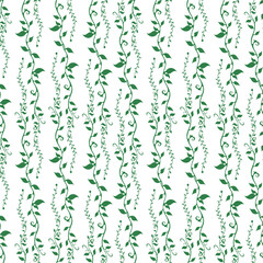 Seamless vector floral background pattern of stems with leaves, grass pattern, green on a white background, design for textile, scarf, package, wallpaper.
